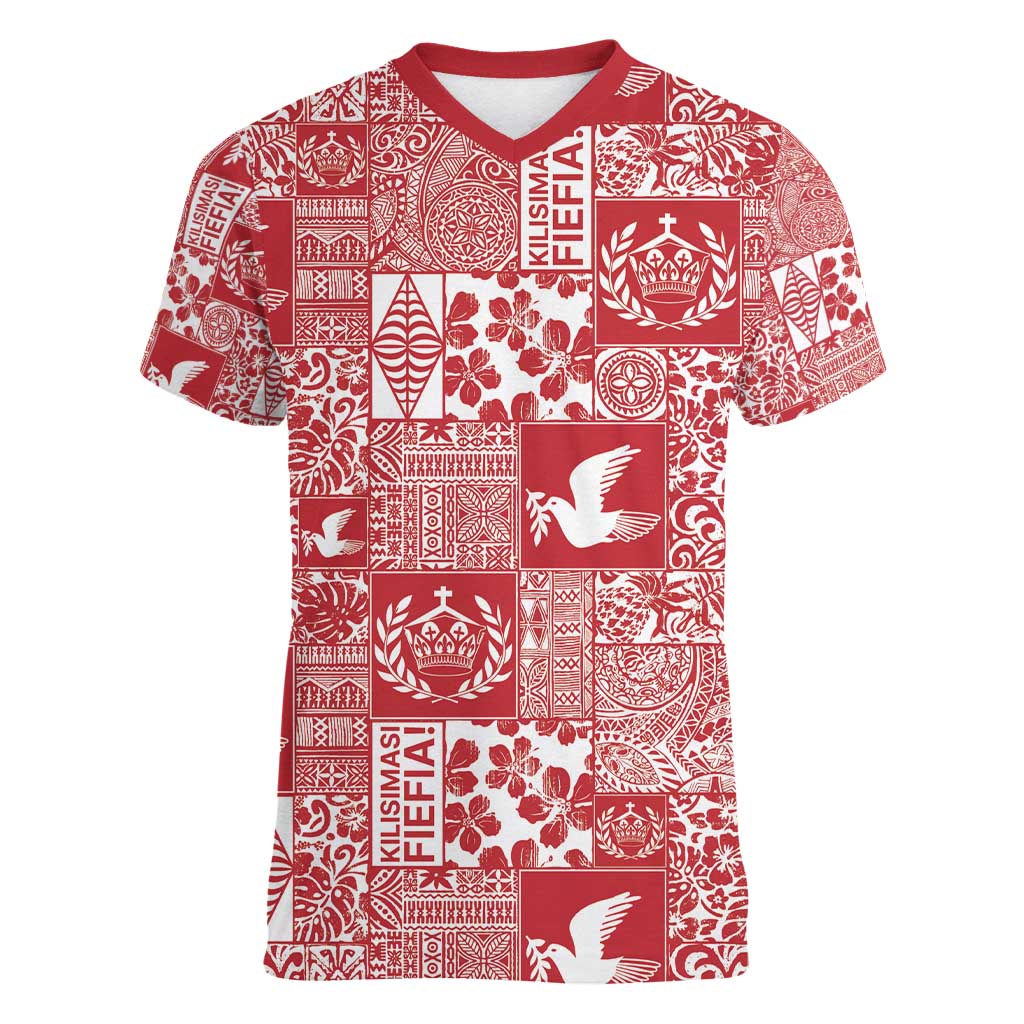 Red Tonga Kilisimasi Fiefia Women V-Neck T-Shirt Pacific Patchwork Xmas Vibes - Polynesian Pride
