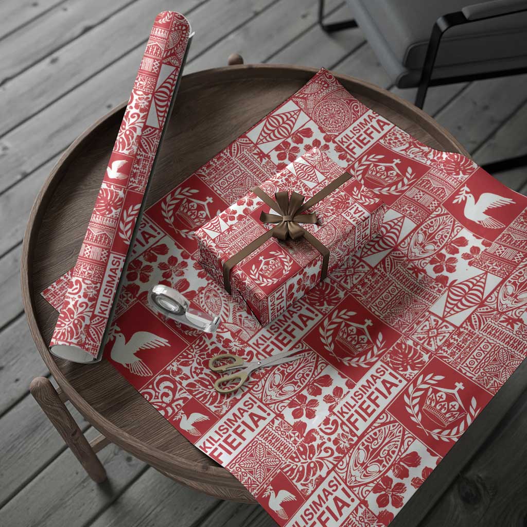 Red Tonga Kilisimasi Fiefia Wrapping Paper Pacific Patchwork Xmas Vibes - Polynesian Pride