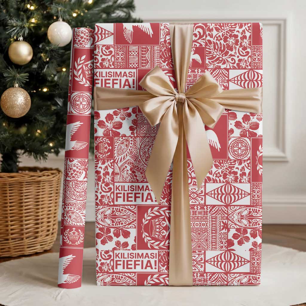 Red Tonga Kilisimasi Fiefia Wrapping Paper Pacific Patchwork Xmas Vibes - Polynesian Pride