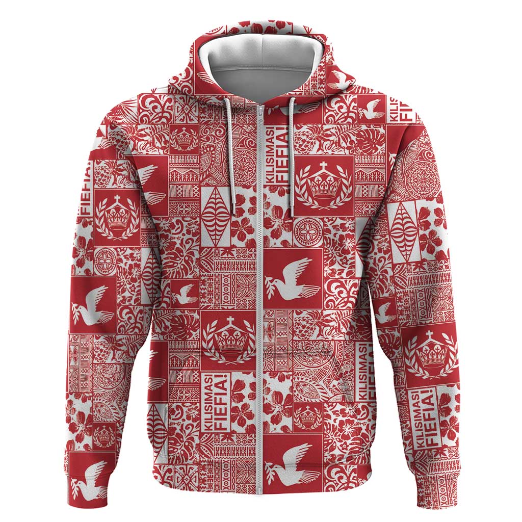 Red Tonga Kilisimasi Fiefia Zip Hoodie Pacific Patchwork Xmas Vibes - Polynesian Pride