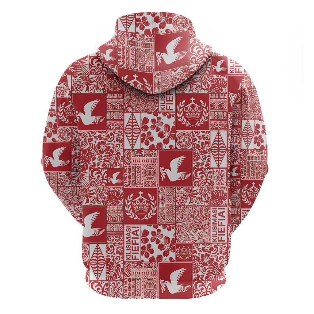 Red Tonga Kilisimasi Fiefia Zip Hoodie Pacific Patchwork Xmas Vibes - Polynesian Pride