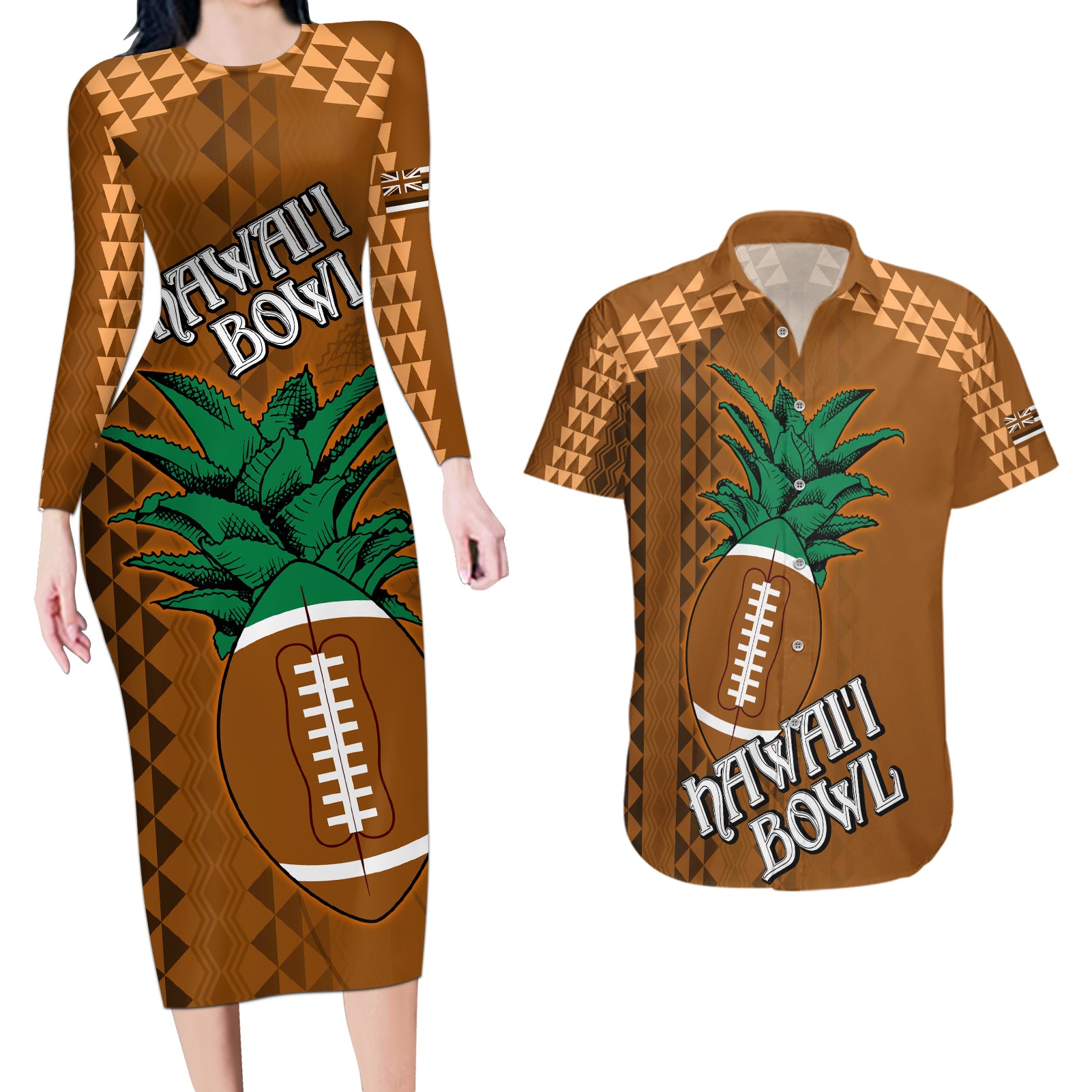 Custom Hawaii Honolulu Bowl Couples Matching Long Sleeve Bodycon Dress and Hawaiian Shirt With Kakau Tribal Pattern LT9 Brown - Polynesian Pride