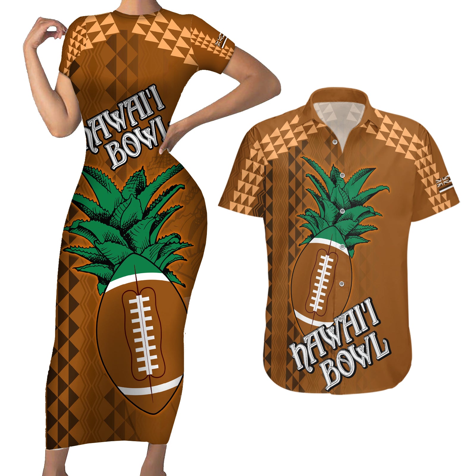 Custom Hawaii Honolulu Bowl Couples Matching Short Sleeve Bodycon Dress and Hawaiian Shirt With Kakau Tribal Pattern LT9 Brown - Polynesian Pride