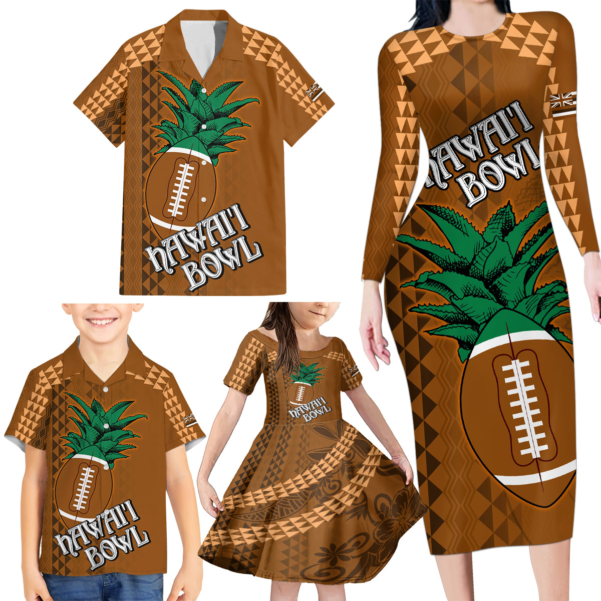 Custom Hawaii Honolulu Bowl Family Matching Long Sleeve Bodycon Dress and Hawaiian Shirt With Kakau Tribal Pattern LT9 - Polynesian Pride