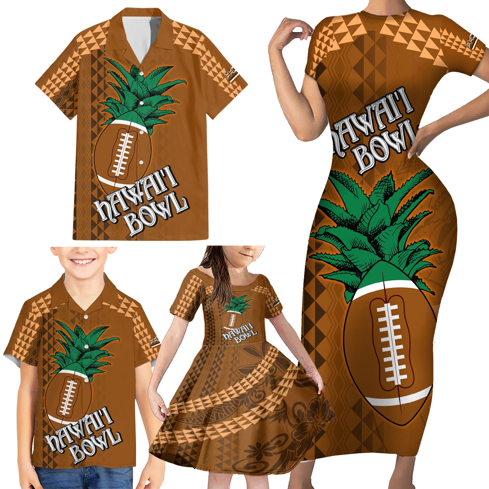 Custom Hawaii Honolulu Bowl Family Matching Short Sleeve Bodycon Dress and Hawaiian Shirt With Kakau Tribal Pattern LT9 - Polynesian Pride