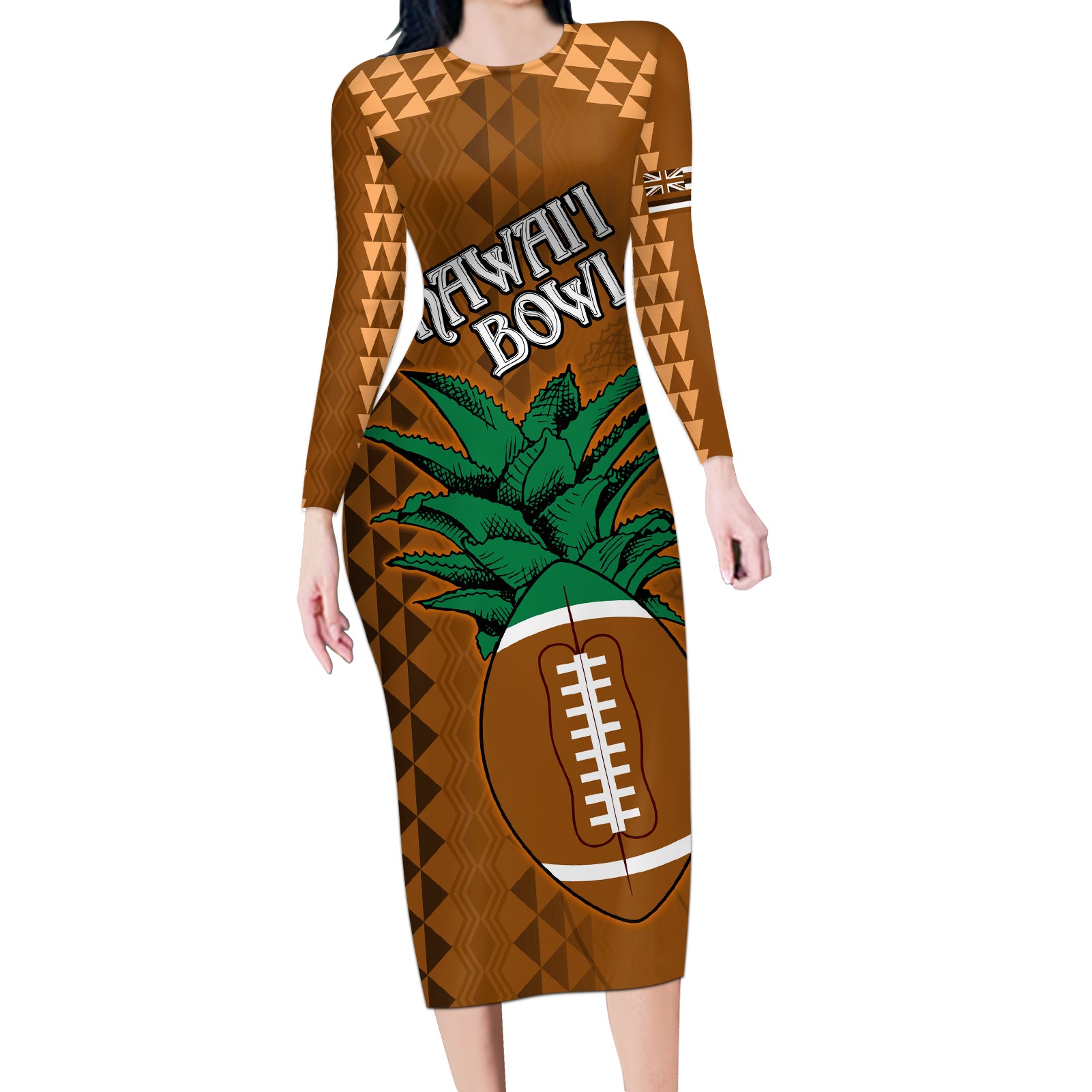 Custom Hawaii Honolulu Bowl Long Sleeve Bodycon Dress With Kakau Tribal Pattern LT9 Long Dress Brown - Polynesian Pride