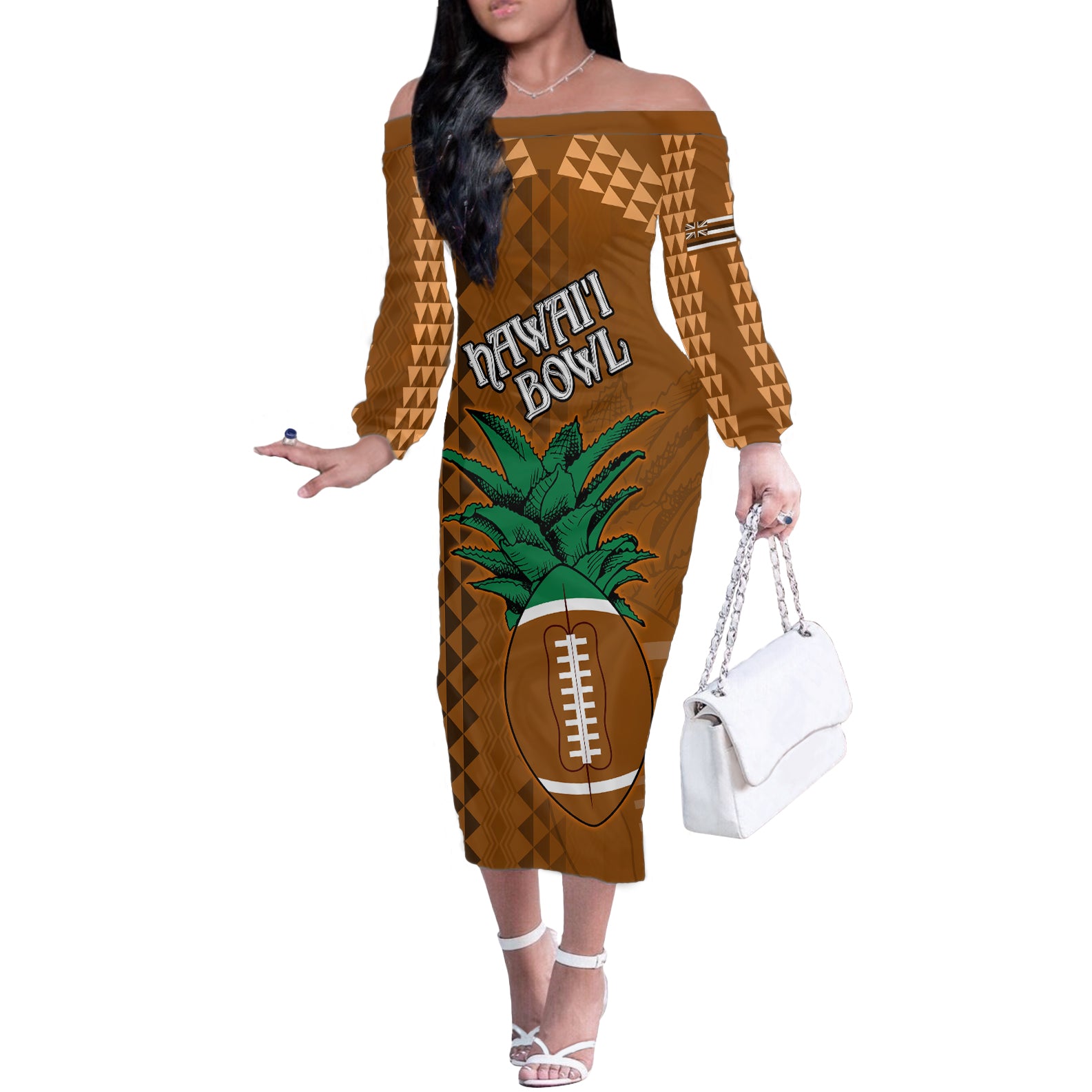 Custom Hawaii Honolulu Bowl Off The Shoulder Long Sleeve Dress With Kakau Tribal Pattern LT9 Women Brown - Polynesian Pride