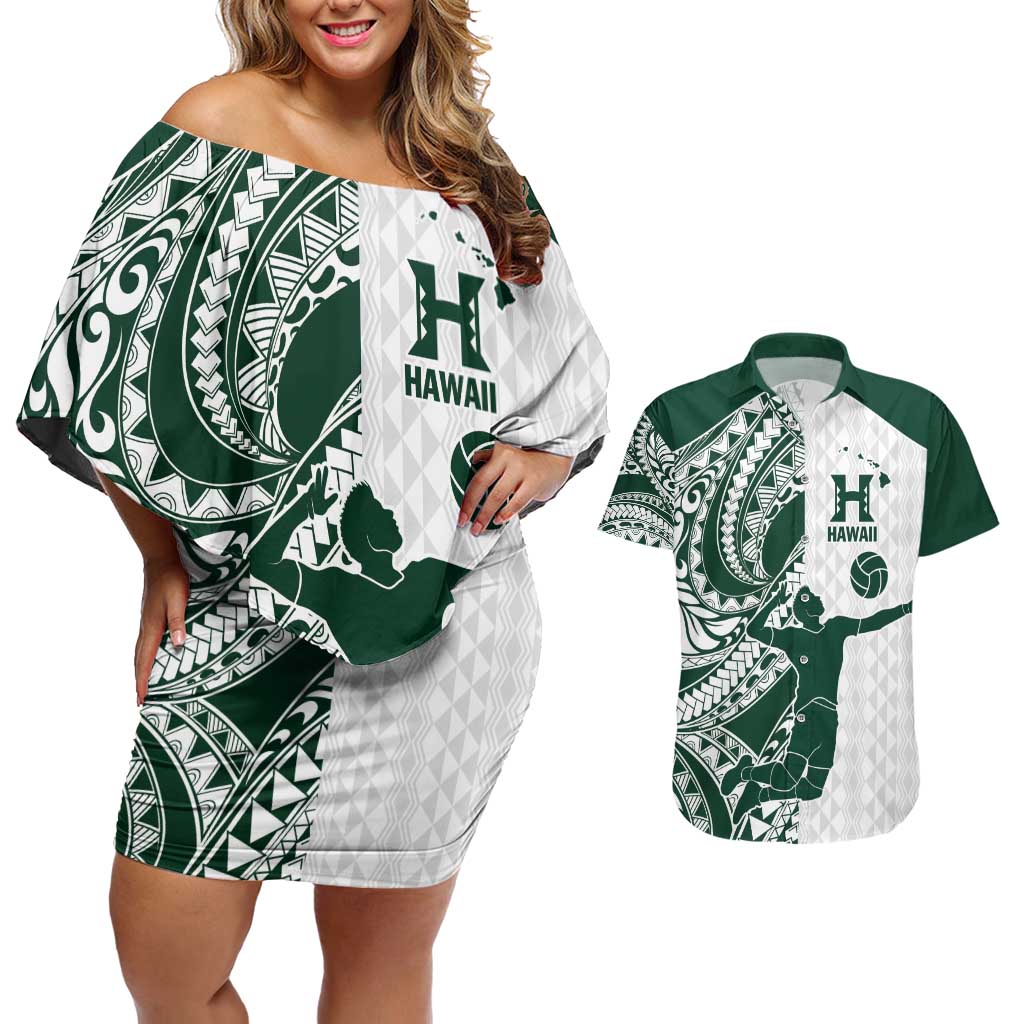 Polynesian Hawaii Volleyball Custom Couples Matching Off Shoulder Short Dress and Hawaiian Shirt Kakau with Sport Style LT9 White - Polynesian Pride