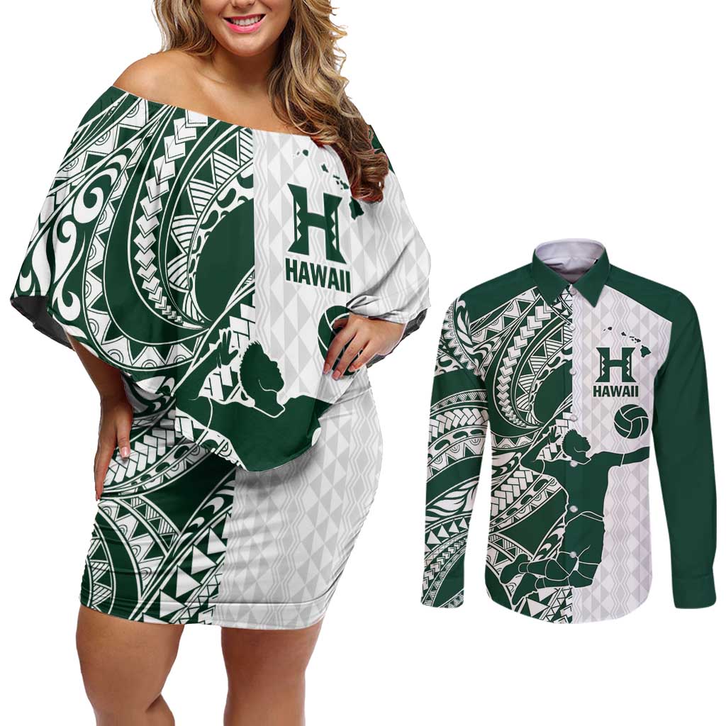 Polynesian Hawaii Volleyball Custom Couples Matching Off Shoulder Short Dress and Long Sleeve Button Shirt Kakau with Sport Style LT9 White - Polynesian Pride