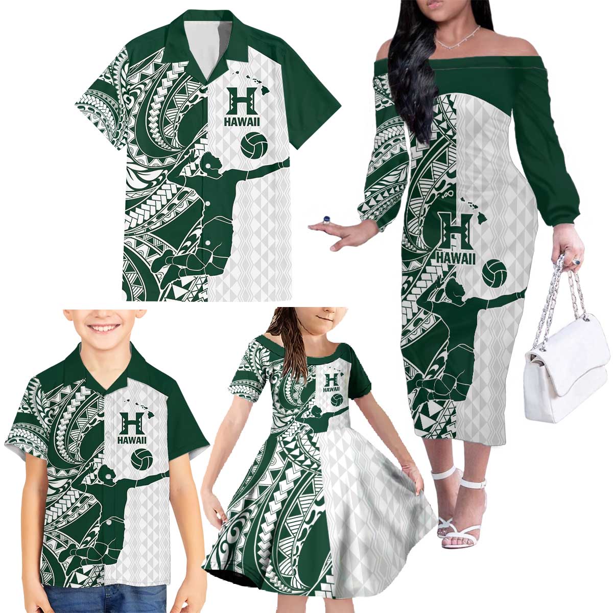Polynesian Hawaii Volleyball Custom Family Matching Off The Shoulder Long Sleeve Dress and Hawaiian Shirt Kakau with Sport Style