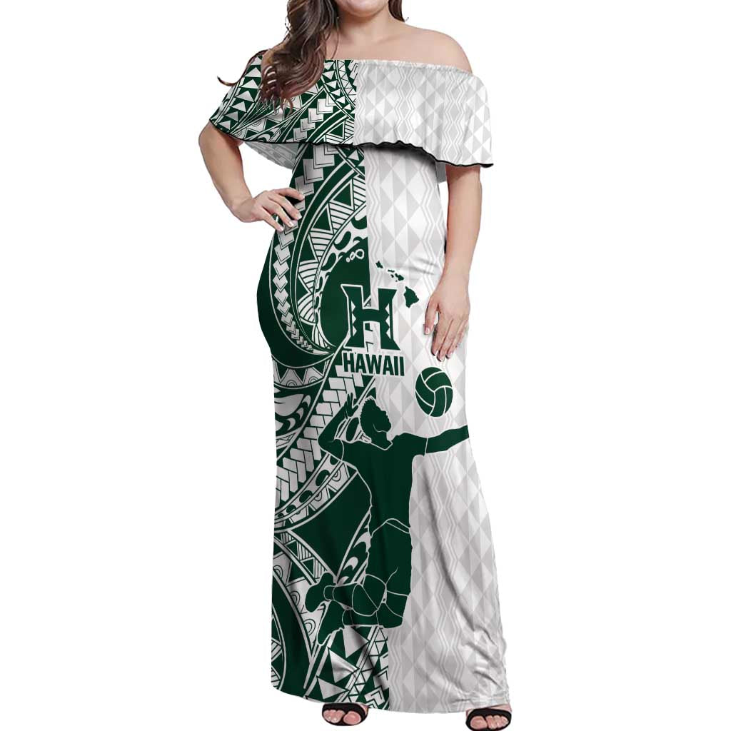 Polynesian Hawaii Volleyball Custom Off Shoulder Maxi Dress Kakau with Sport Style LT9 Women White - Polynesian Pride