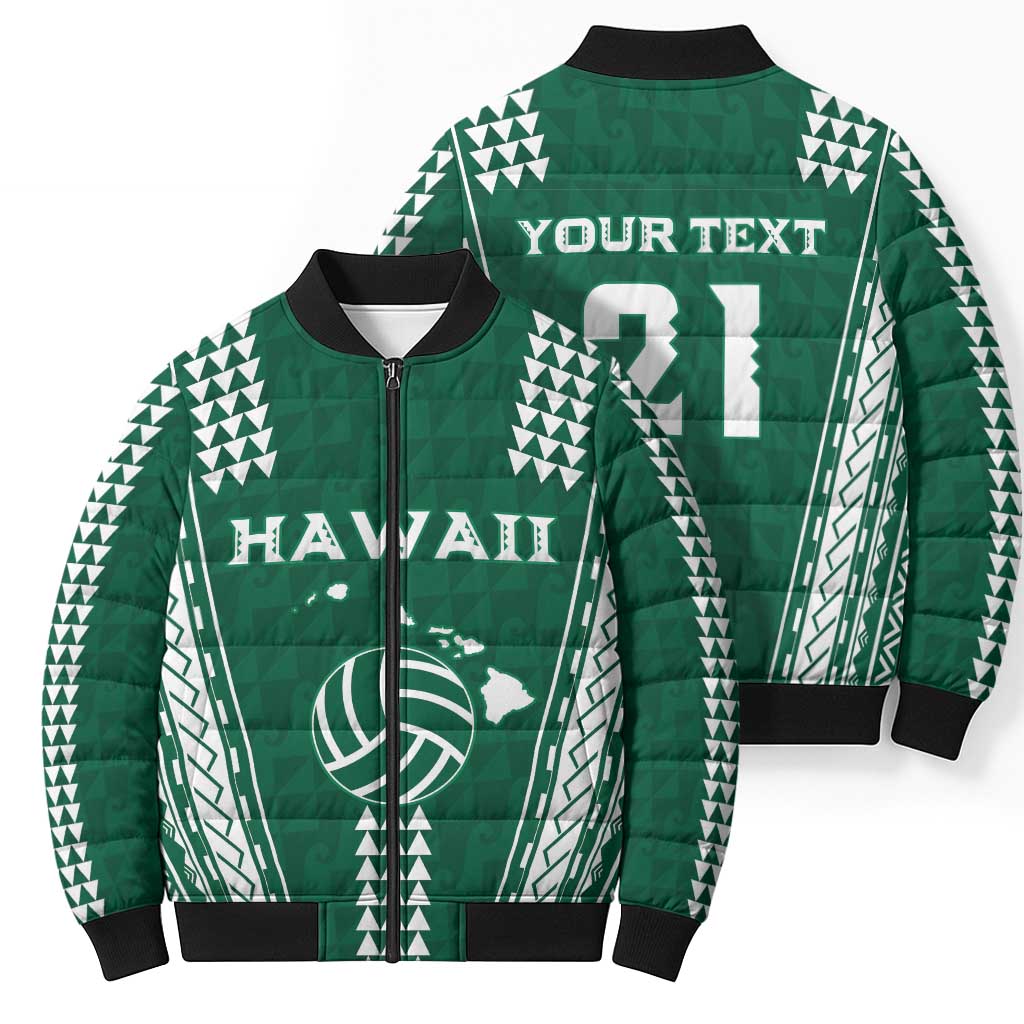 Polynesian Hawaii Volleyball Custom Bomber Puffer Jacket Green Kakau with Map Motif - Polynesian Pride