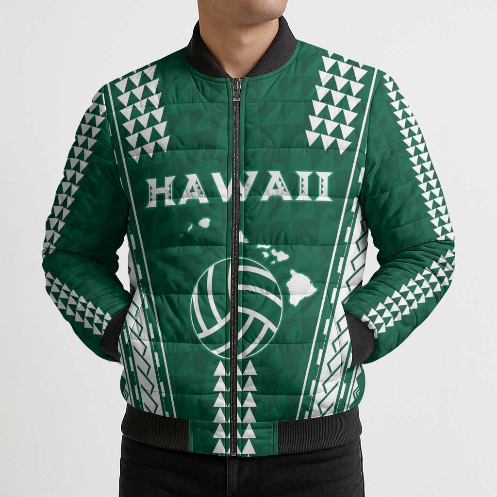 Polynesian Hawaii Volleyball Custom Bomber Puffer Jacket Green Kakau with Map Motif - Polynesian Pride