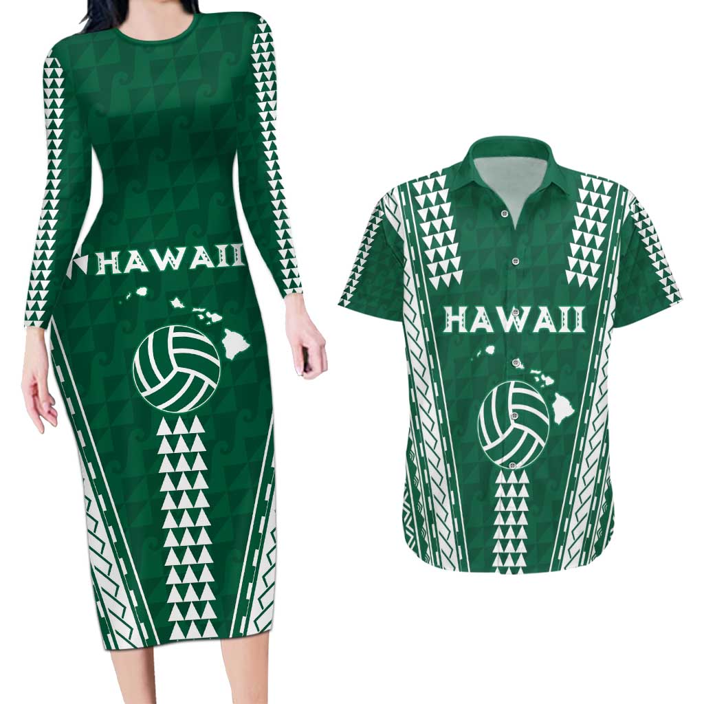 Polynesian Hawaii Volleyball Custom Couples Matching Long Sleeve Bodycon Dress and Hawaiian Shirt Green Kakau with Map Motif LT9 Green - Polynesian Pride