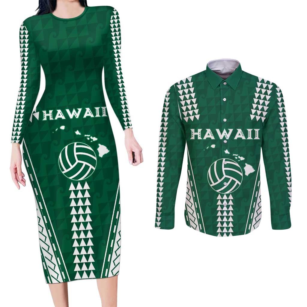 Polynesian Hawaii Volleyball Custom Couples Matching Long Sleeve Bodycon Dress and Long Sleeve Button Shirt Green Kakau with Map Motif LT9 Green - Polynesian Pride