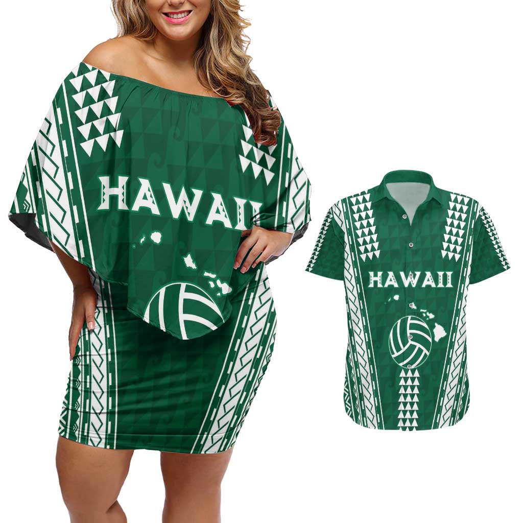 Polynesian Hawaii Volleyball Custom Couples Matching Off Shoulder Short Dress and Hawaiian Shirt Green Kakau with Map Motif LT9 Green - Polynesian Pride