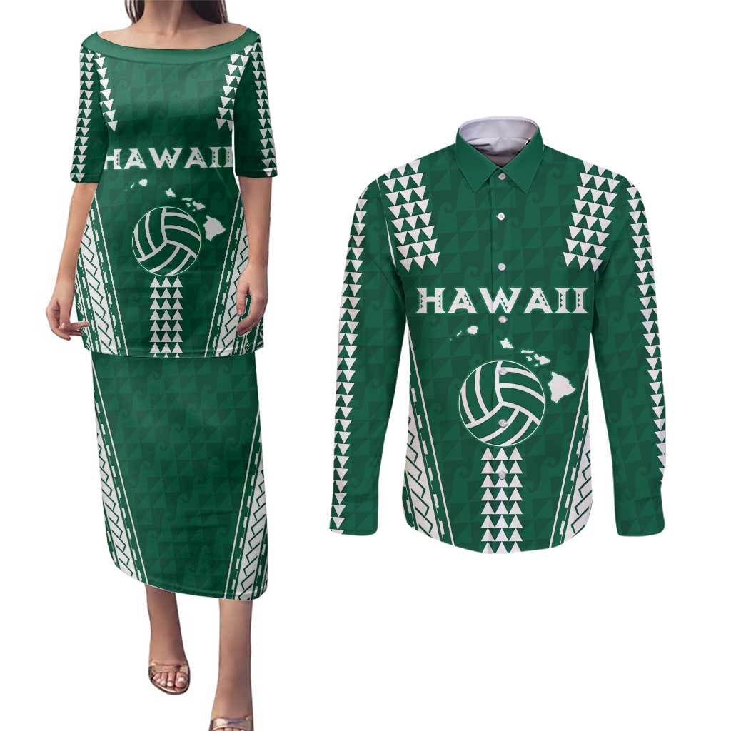 Polynesian Hawaii Volleyball Custom Couples Matching Puletasi and Long Sleeve Button Shirt Green Kakau with Map Motif LT9 Green - Polynesian Pride