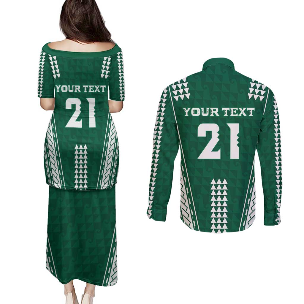 Polynesian Hawaii Volleyball Custom Couples Matching Puletasi and Long Sleeve Button Shirt Green Kakau with Map Motif LT9 - Polynesian Pride