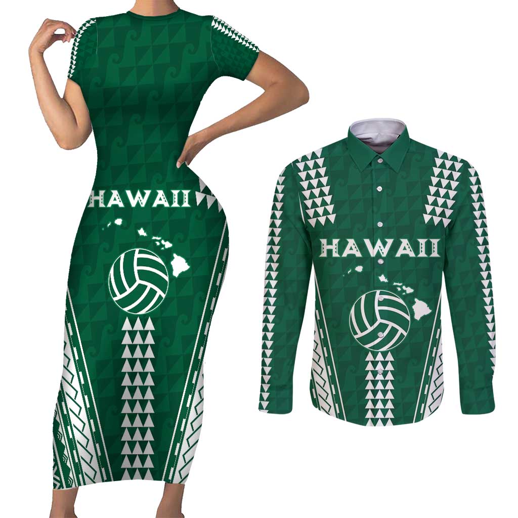 Polynesian Hawaii Volleyball Custom Couples Matching Short Sleeve Bodycon Dress and Long Sleeve Button Shirt Green Kakau with Map Motif LT9 Green - Polynesian Pride