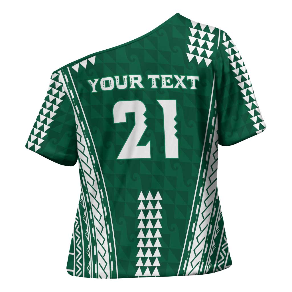 Polynesian Hawaii Volleyball Custom Cross Shoulder Shirt Green Kakau with Map Motif - Polynesian Pride