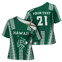 Polynesian Hawaii Volleyball Custom Cross Shoulder Shirt Green Kakau with Map Motif - Polynesian Pride