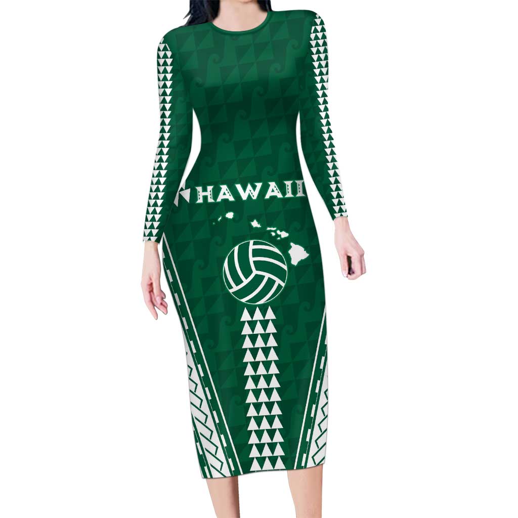 Polynesian Hawaii Volleyball Custom Family Matching Long Sleeve Bodycon Dress and Hawaiian Shirt Green Kakau with Map Motif