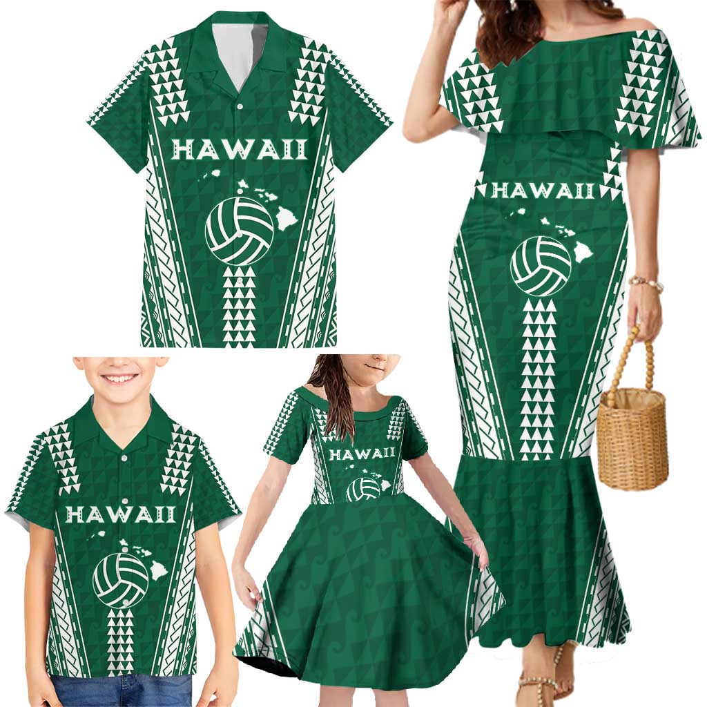 Polynesian Hawaii Volleyball Custom Family Matching Mermaid Dress and Hawaiian Shirt Green Kakau with Map Motif