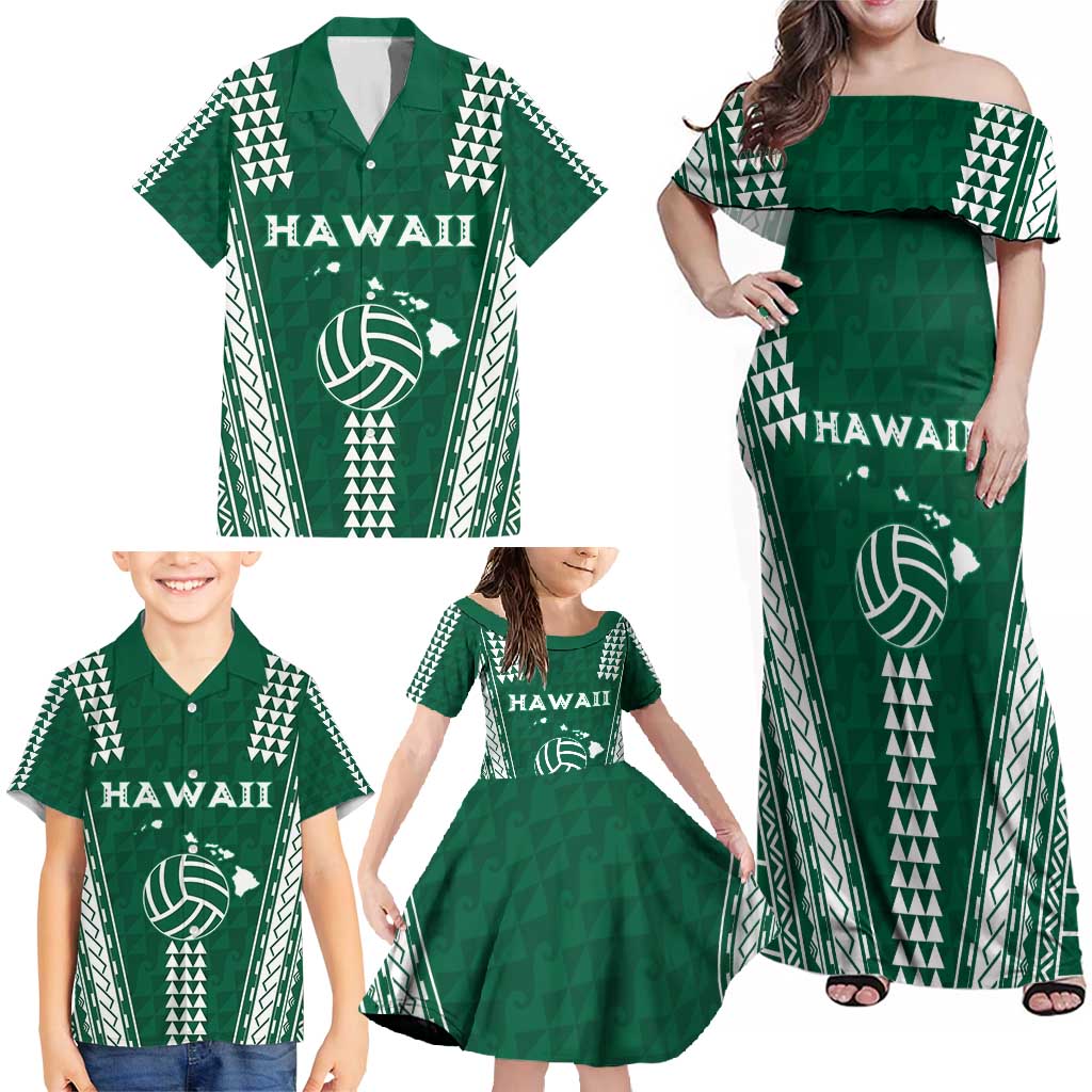 Polynesian Hawaii Volleyball Custom Family Matching Off Shoulder Maxi Dress and Hawaiian Shirt Green Kakau with Map Motif