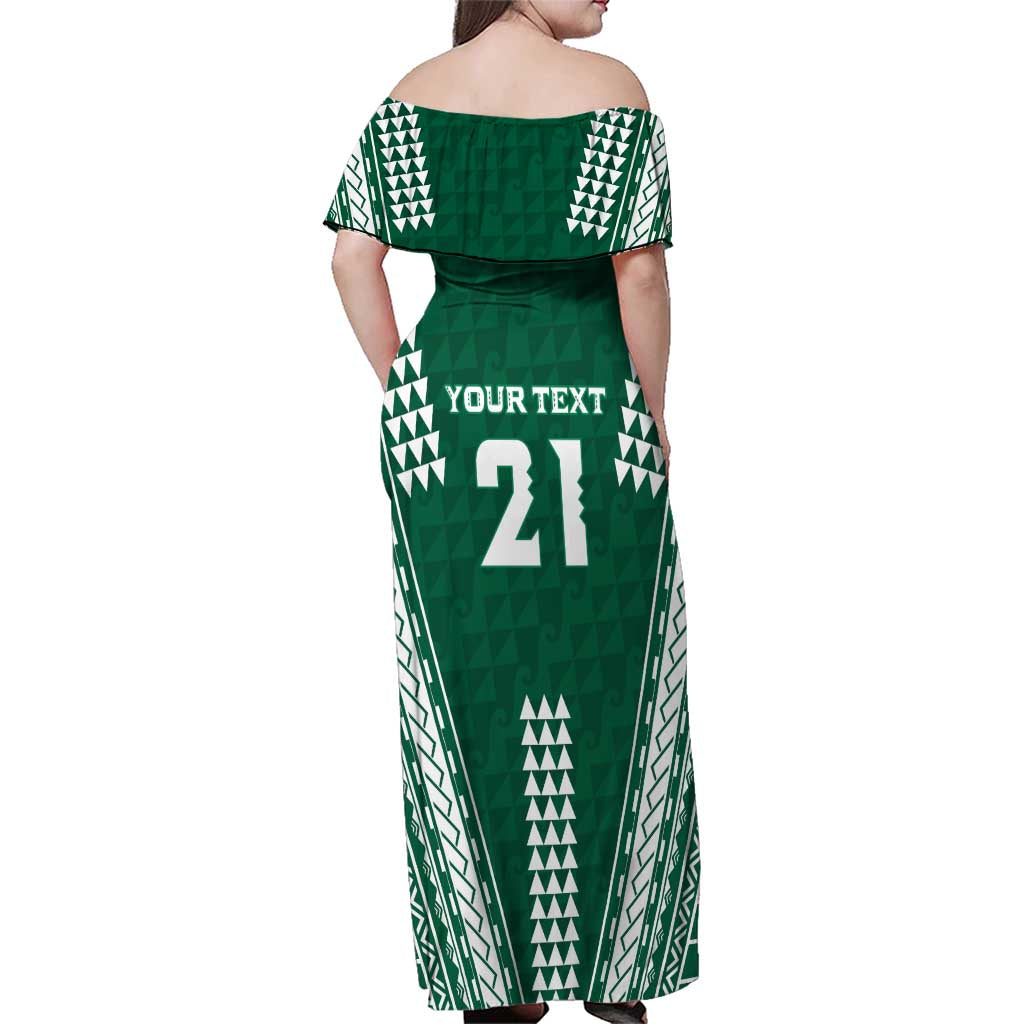 Polynesian Hawaii Volleyball Custom Family Matching Off Shoulder Maxi Dress and Hawaiian Shirt Green Kakau with Map Motif