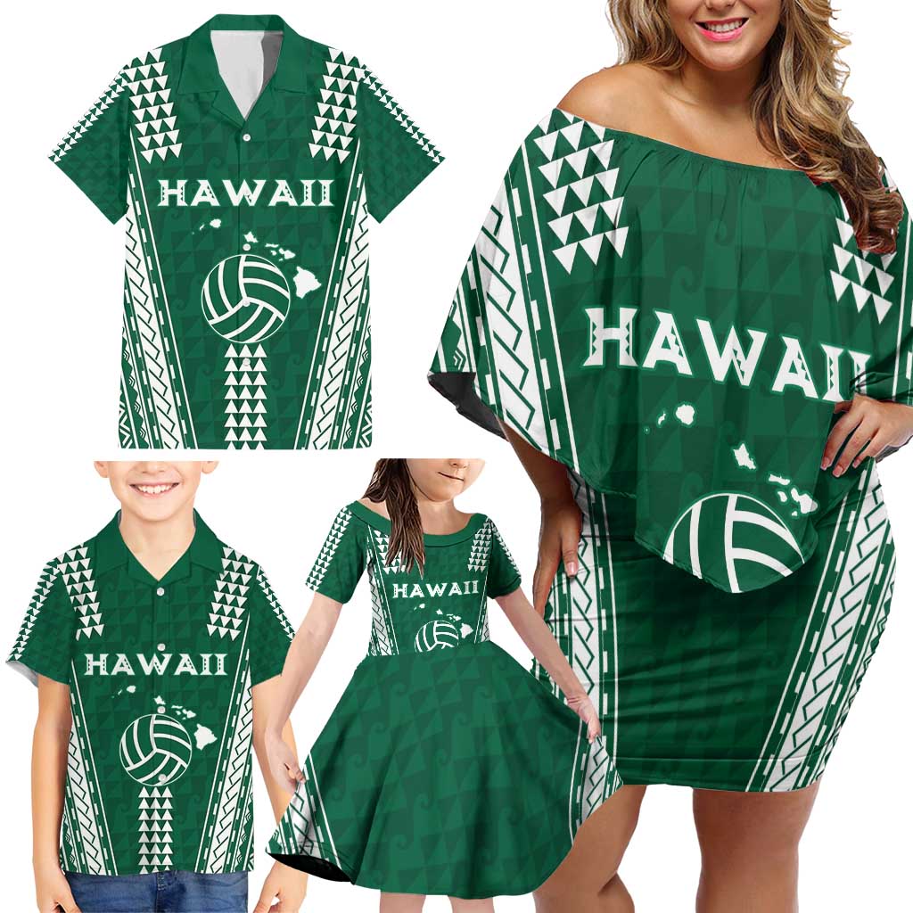 Polynesian Hawaii Volleyball Custom Family Matching Off Shoulder Short Dress and Hawaiian Shirt Green Kakau with Map Motif