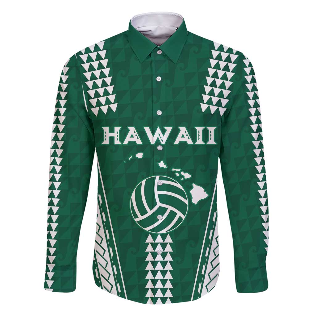 Polynesian Hawaii Volleyball Custom Family Matching Short Sleeve Bodycon Dress and Hawaiian Shirt Green Kakau with Map Motif