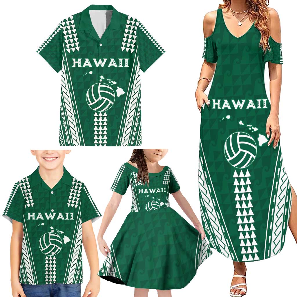 Polynesian Hawaii Volleyball Custom Family Matching Summer Maxi Dress and Hawaiian Shirt Green Kakau with Map Motif