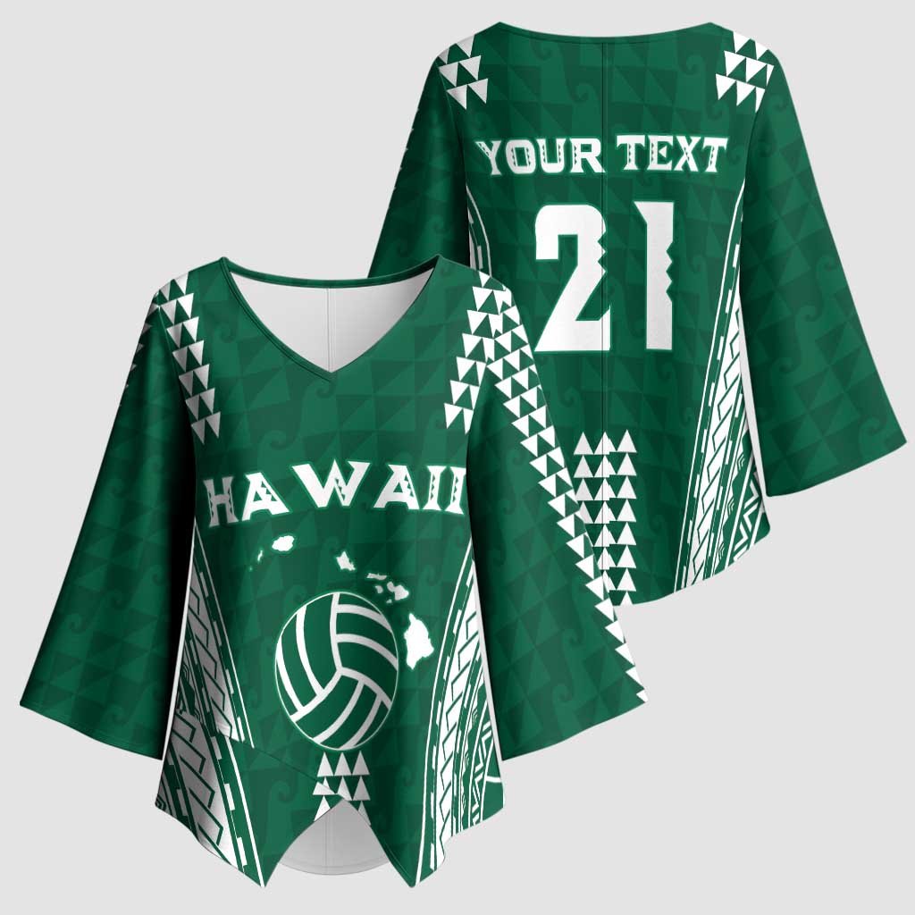 Polynesian Hawaii Volleyball Custom Kimono Sleeve Blouse Green Kakau with Map Motif - Polynesian Pride