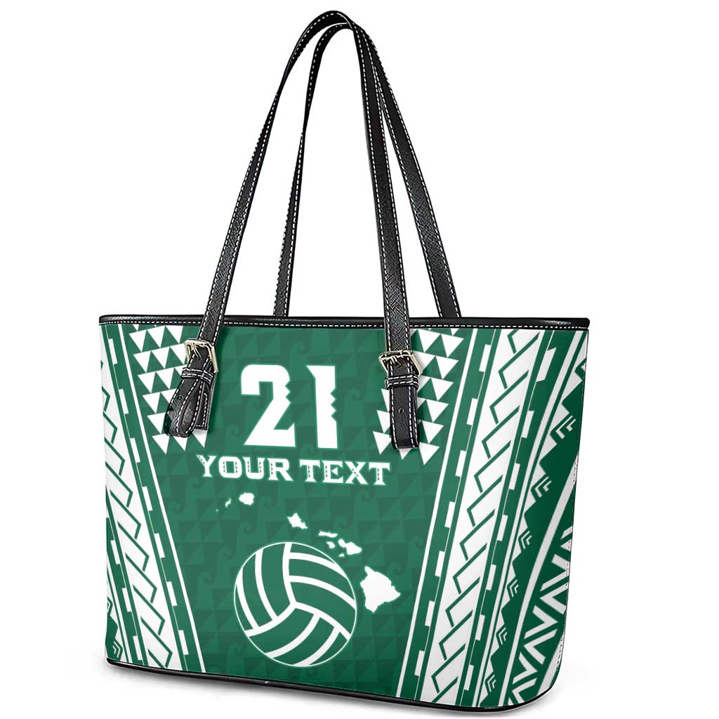 Polynesian Hawaii Volleyball Custom Leather Tote Bag Green Kakau with Map Motif
