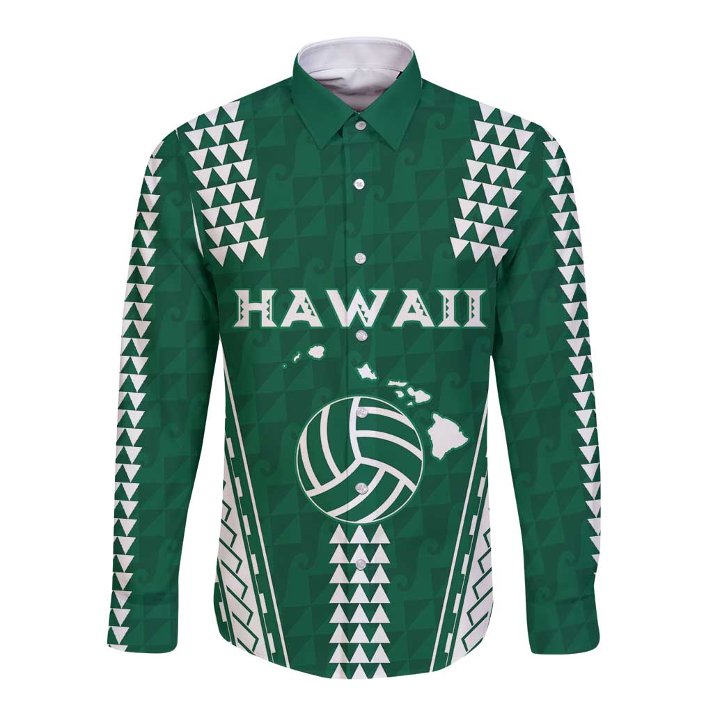 Polynesian Hawaii Volleyball Custom Long Sleeve Button Shirt Green Kakau with Map Motif LT9 Unisex Green - Polynesian Pride