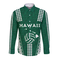 Polynesian Hawaii Volleyball Custom Long Sleeve Button Shirt Green Kakau with Map Motif LT9 Unisex Green - Polynesian Pride