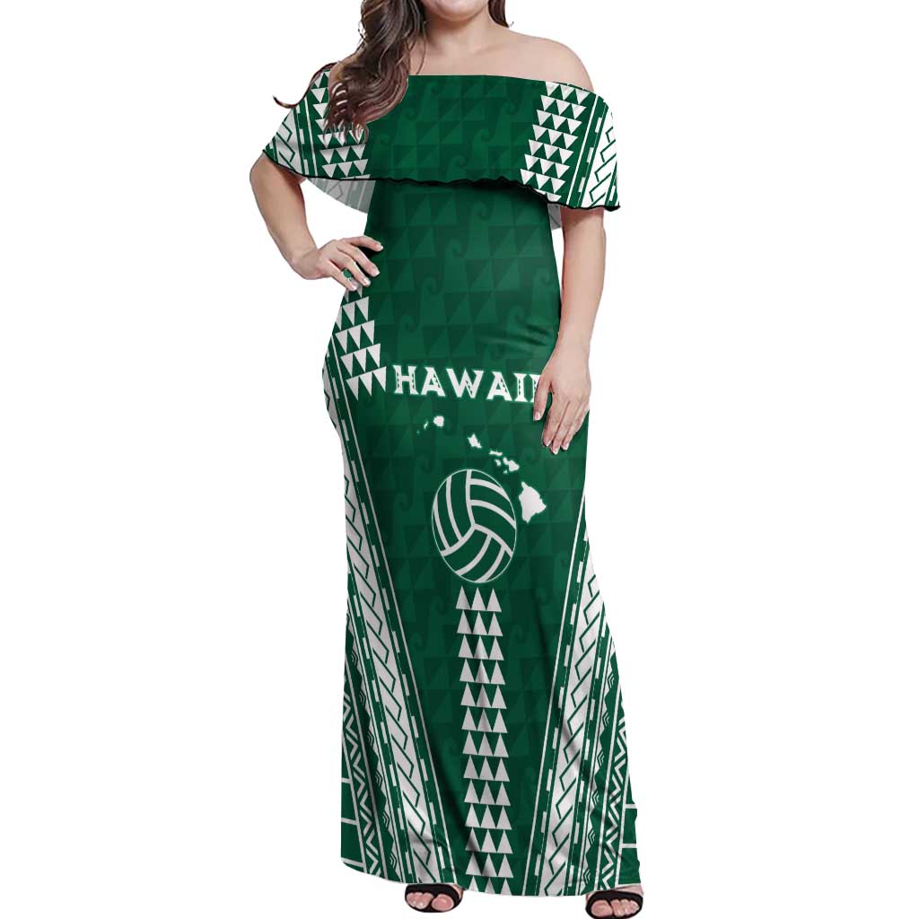 Polynesian Hawaii Volleyball Custom Off Shoulder Maxi Dress Green Kakau with Map Motif LT9 Women Green - Polynesian Pride