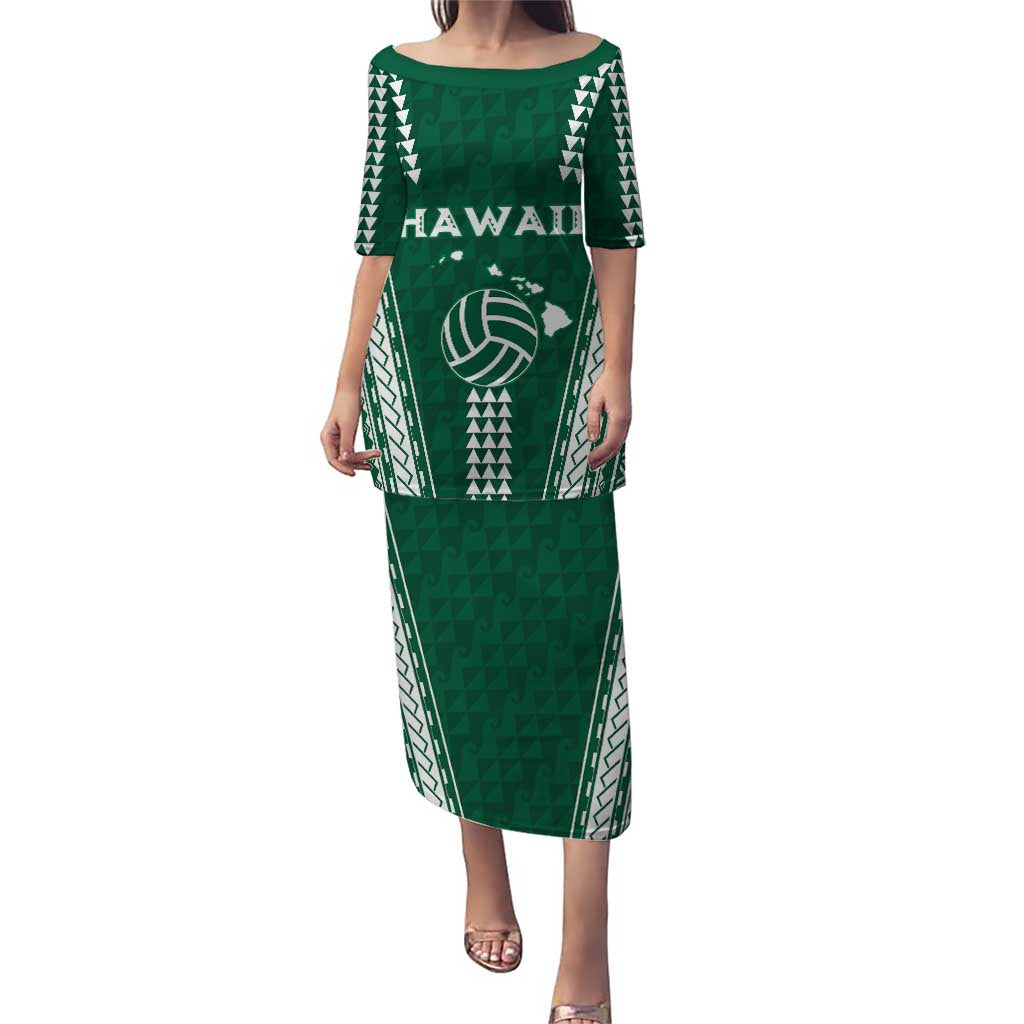 Polynesian Hawaii Volleyball Custom Puletasi Green Kakau with Map Motif LT9 Long Dress Green - Polynesian Pride