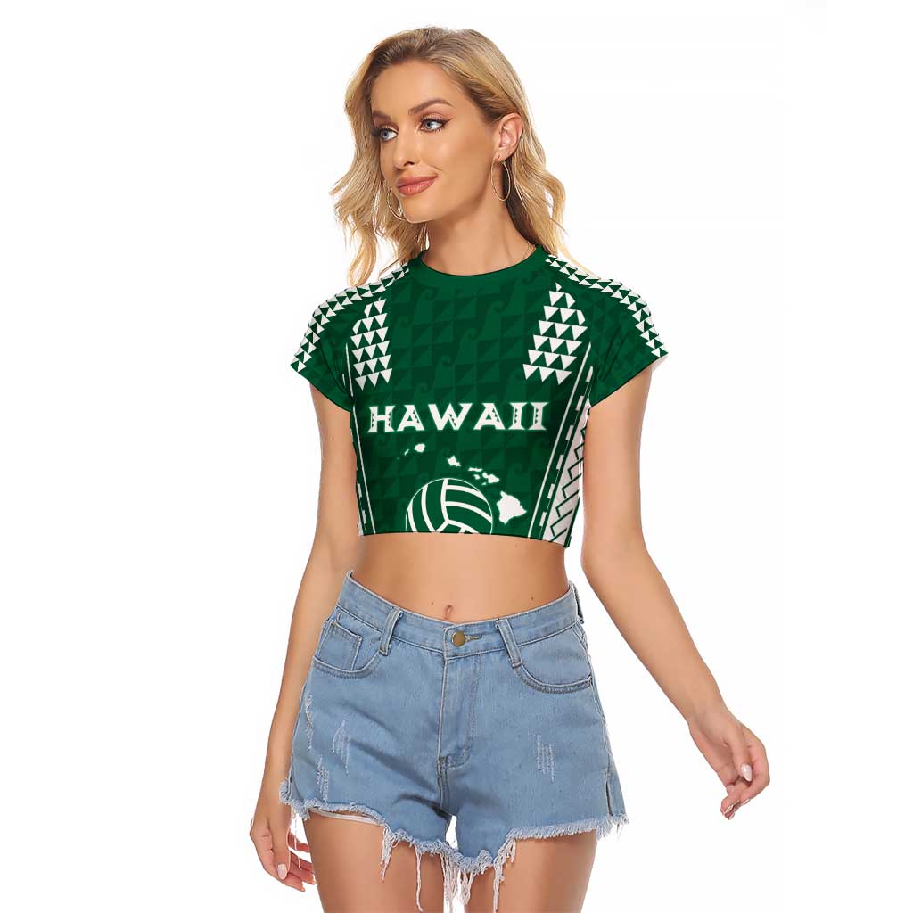 Polynesian Hawaii Volleyball Custom Raglan Cropped T Shirt Green Kakau with Map Motif LT9 Female Green - Polynesian Pride