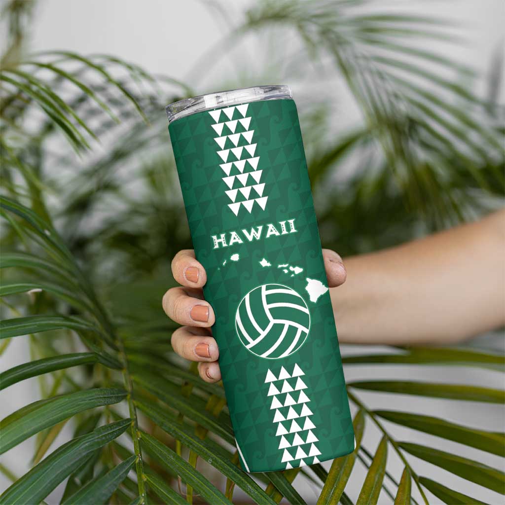 Polynesian Hawaii Volleyball Custom Skinny Tumbler Green Kakau with Map Motif