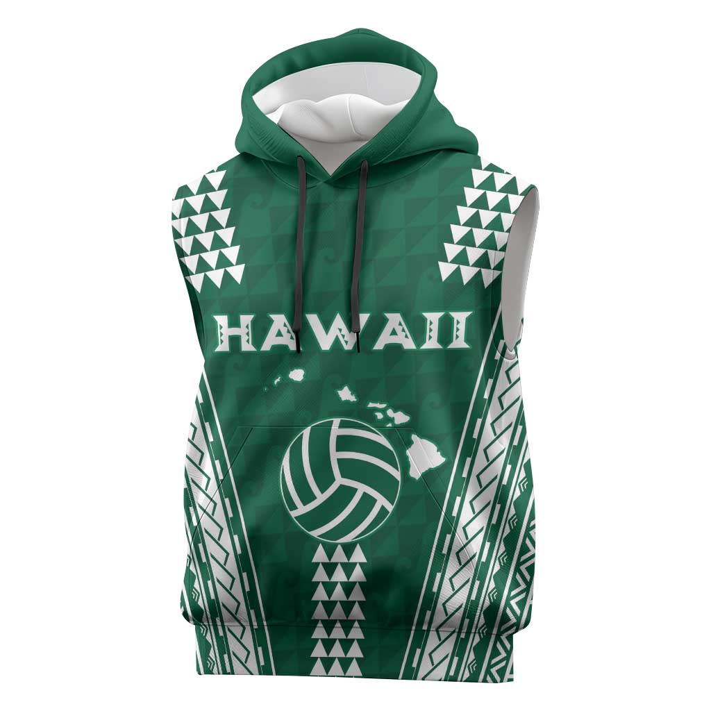 Polynesian Hawaii Volleyball Custom Sleeveless Hoodie Green Kakau with Map Motif - Polynesian Pride
