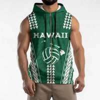 Polynesian Hawaii Volleyball Custom Sleeveless Zip Hoodie Green Kakau with Map Motif - Polynesian Pride