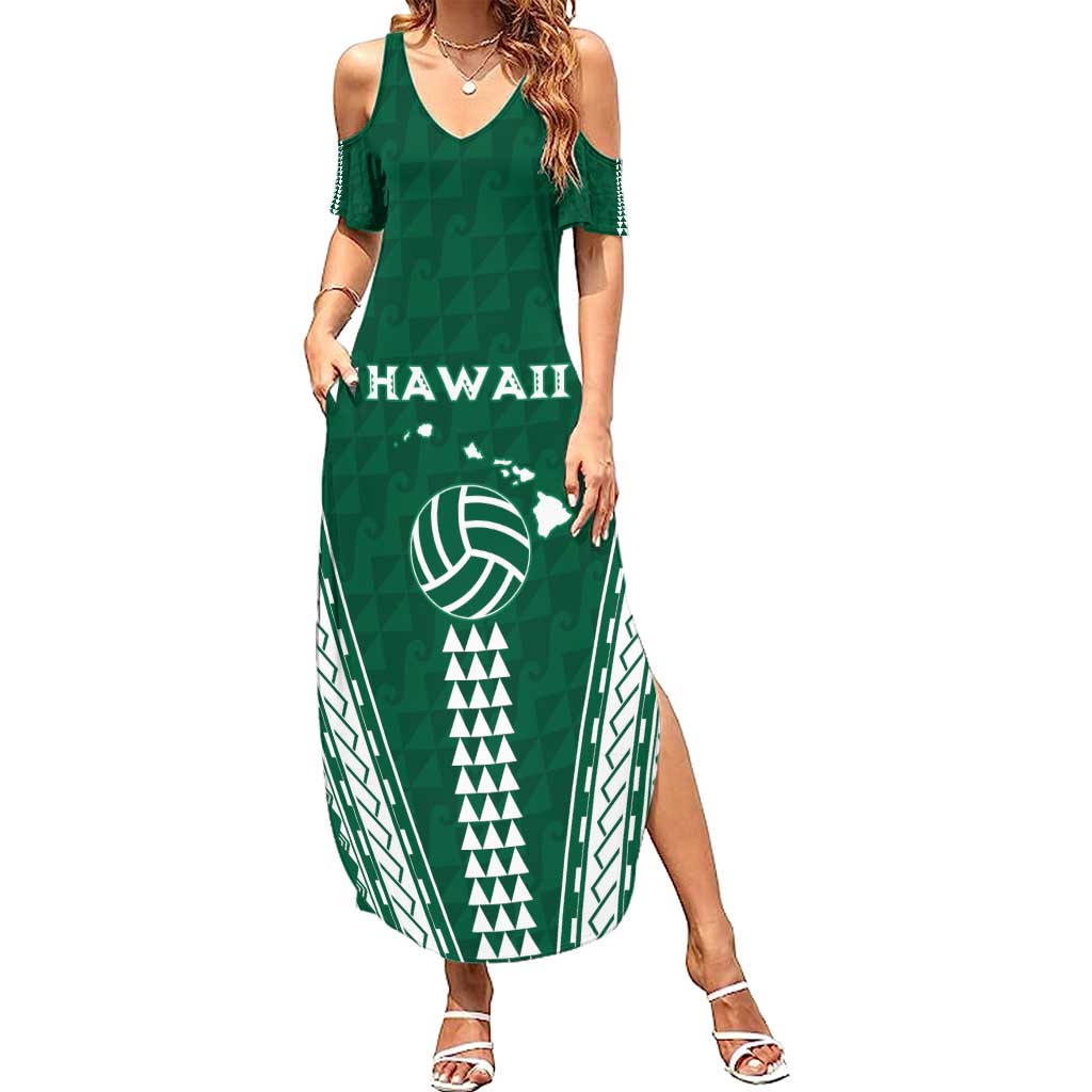 Polynesian Hawaii Volleyball Custom Summer Maxi Dress Green Kakau with Map Motif LT9 Women Green - Polynesian Pride
