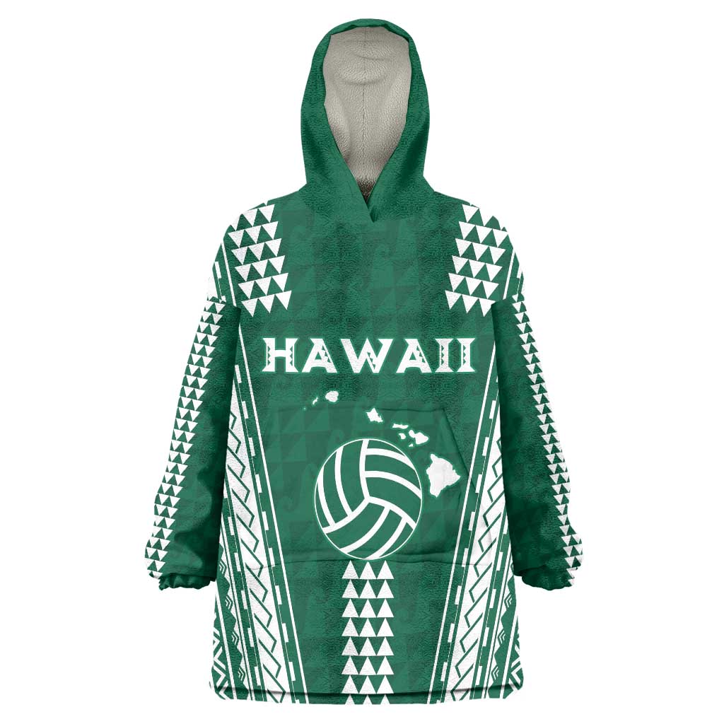 Polynesian Hawaii Volleyball Custom Wearable Blanket Hoodie Green Kakau with Map Motif