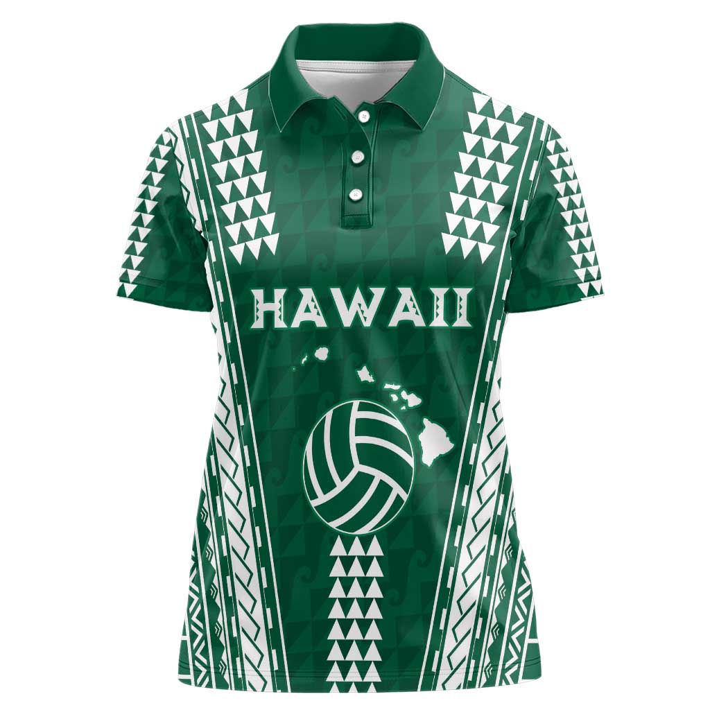 Polynesian Hawaii Volleyball Custom Women Polo Shirt Green Kakau with Map Motif