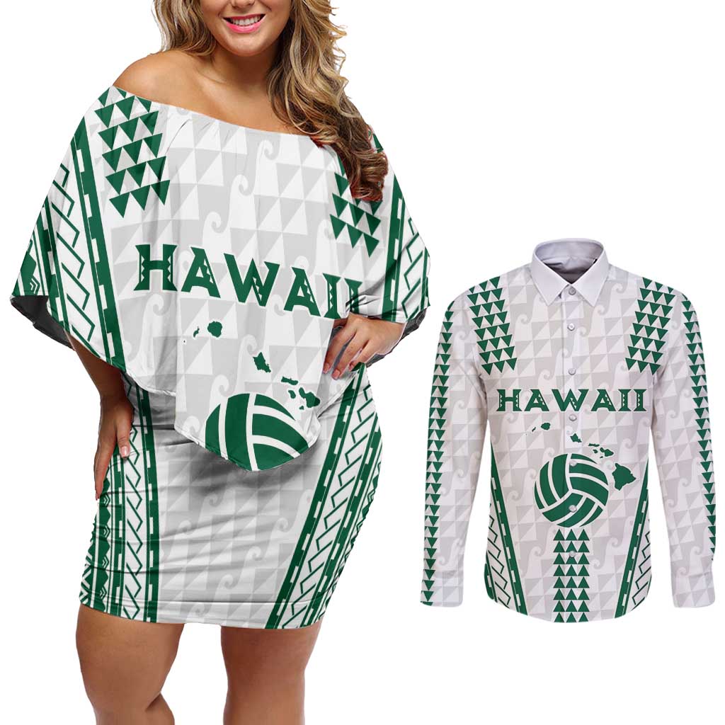 Polynesian Hawaii Volleyball Custom Couples Matching Off Shoulder Short Dress and Long Sleeve Button Shirt White Kakau with Map Motif LT9 White - Polynesian Pride