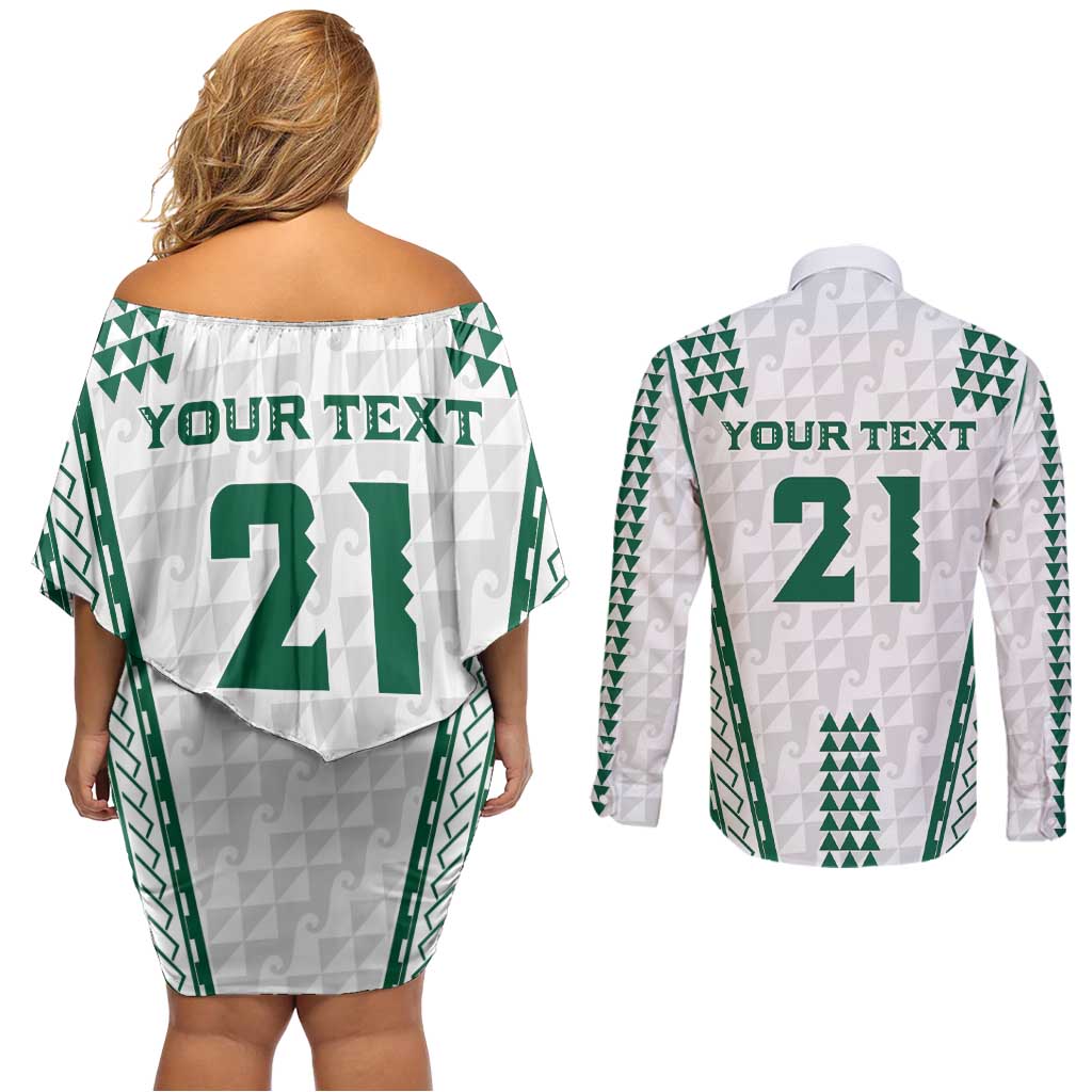Polynesian Hawaii Volleyball Custom Couples Matching Off Shoulder Short Dress and Long Sleeve Button Shirt White Kakau with Map Motif LT9 - Polynesian Pride