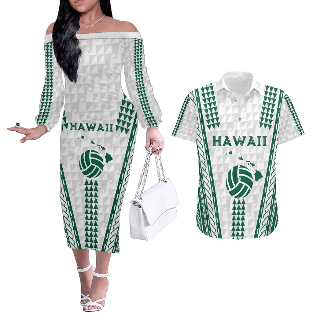 Polynesian Hawaii Volleyball Custom Couples Matching Off The Shoulder Long Sleeve Dress and Hawaiian Shirt White Kakau with Map Motif LT9 White - Polynesian Pride