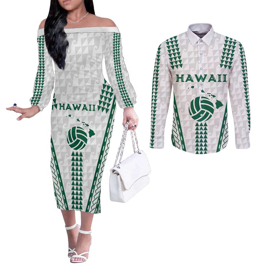 Polynesian Hawaii Volleyball Custom Couples Matching Off The Shoulder Long Sleeve Dress and Long Sleeve Button Shirt White Kakau with Map Motif LT9 White - Polynesian Pride