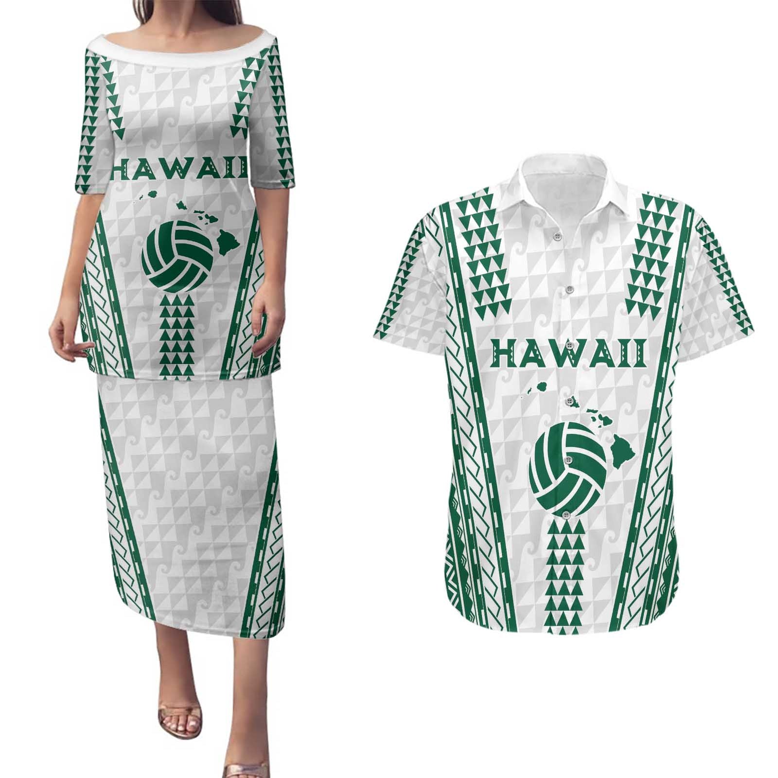 Polynesian Hawaii Volleyball Custom Couples Matching Puletasi and Hawaiian Shirt White Kakau with Map Motif LT9 White - Polynesian Pride